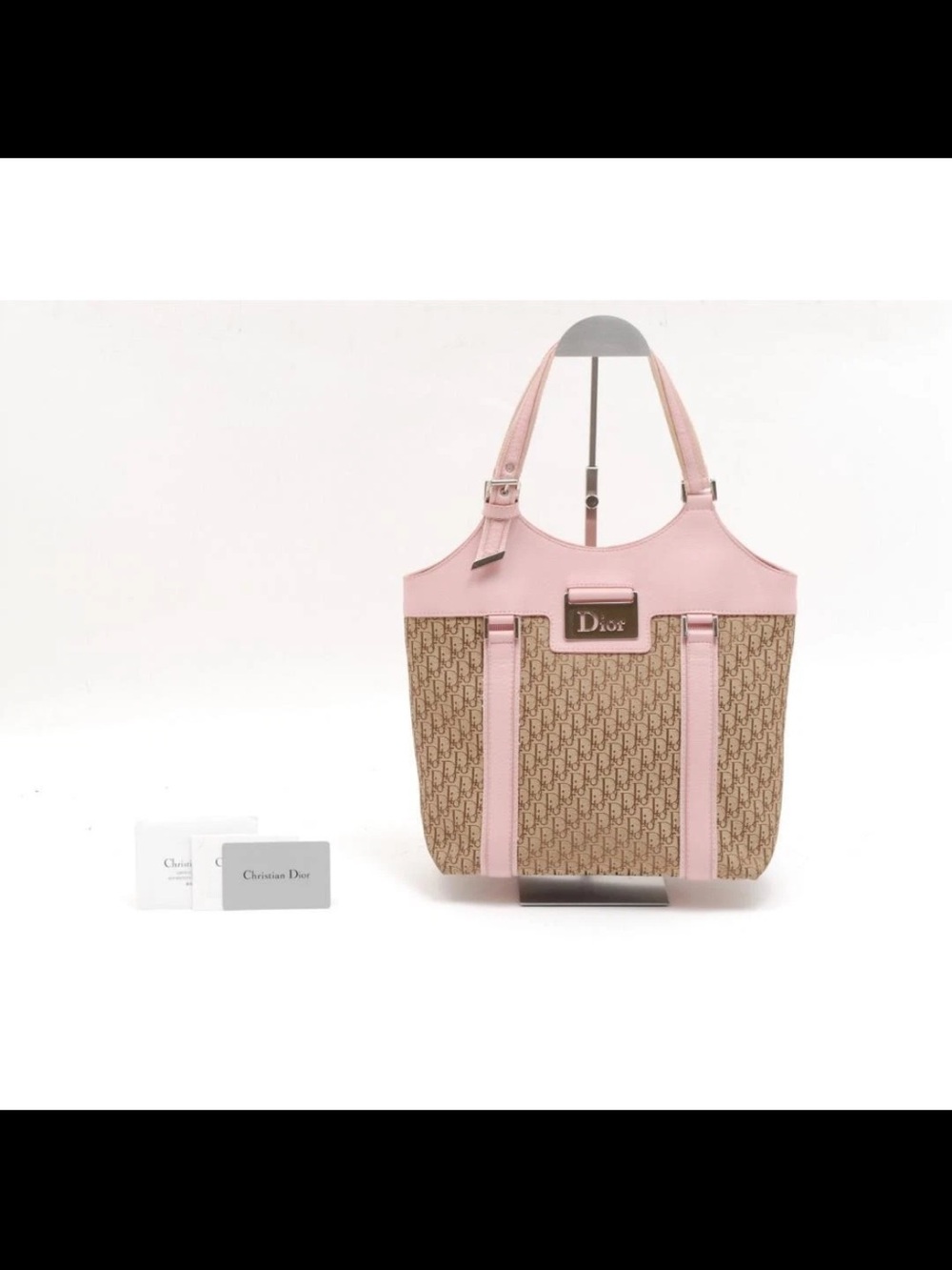 Dior Beige Monogram Canvas Tote with Pink Leather Trim